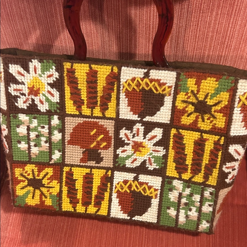 Vintage Y2K Handcrafted Floral needlepoint Tote Bag with Brown Tortious Handles - Picture 2 of 3